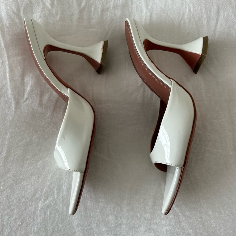 Amina Muaddi White Pointed Heel Patent Leather Mules Sandal Block Heels Wedding - Picture 10 of 12